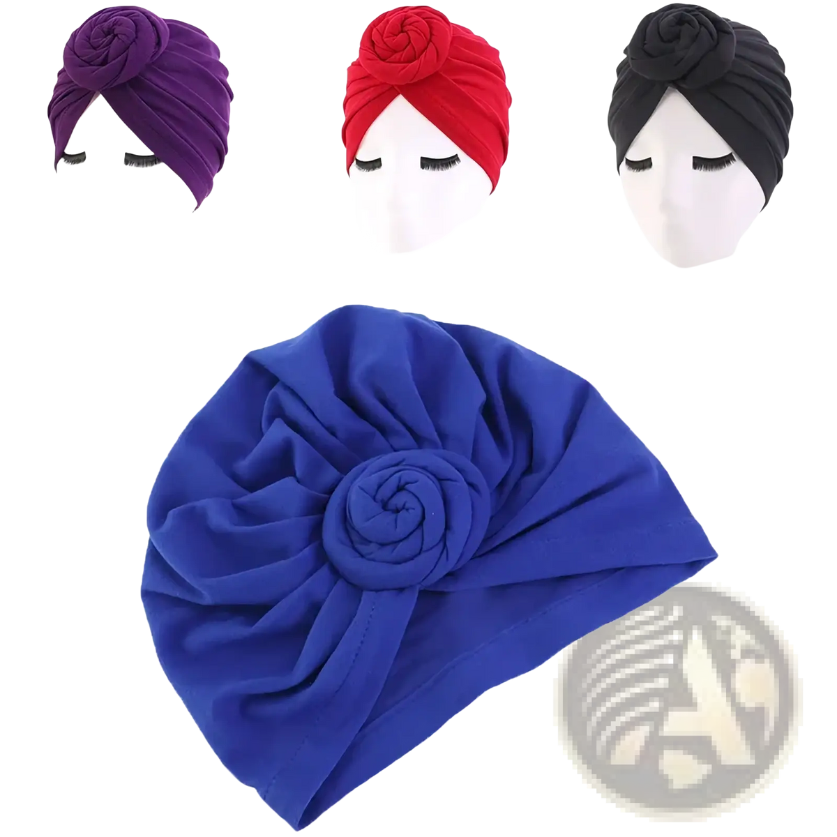 Royal blue cotton turban headwrap for women with a soft stretchy fabric and rose knot embellishment