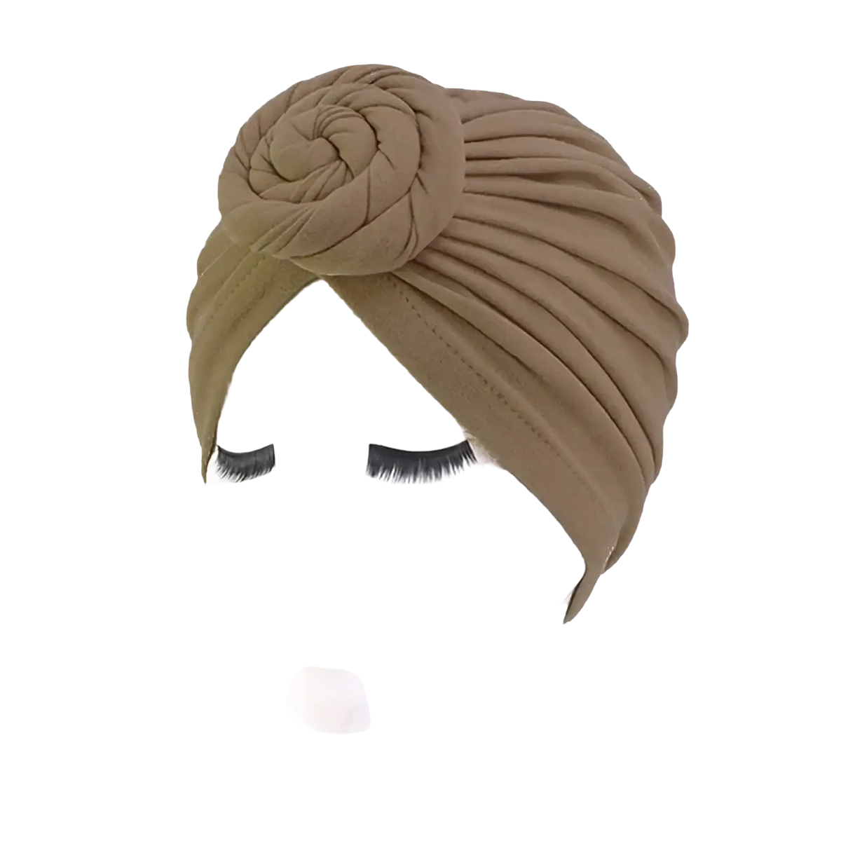 A taupe cotton turban headwrap for women with a softly textured fabric and a prominent rose knot on top