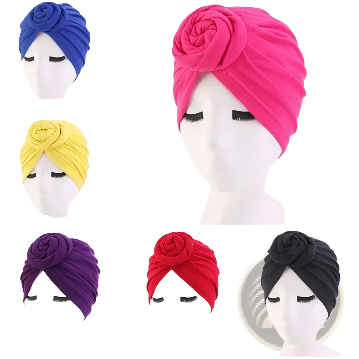 Vibrant pink cotton turban headwrap for women made of soft stretchy fabric with rose knot hijab cap design