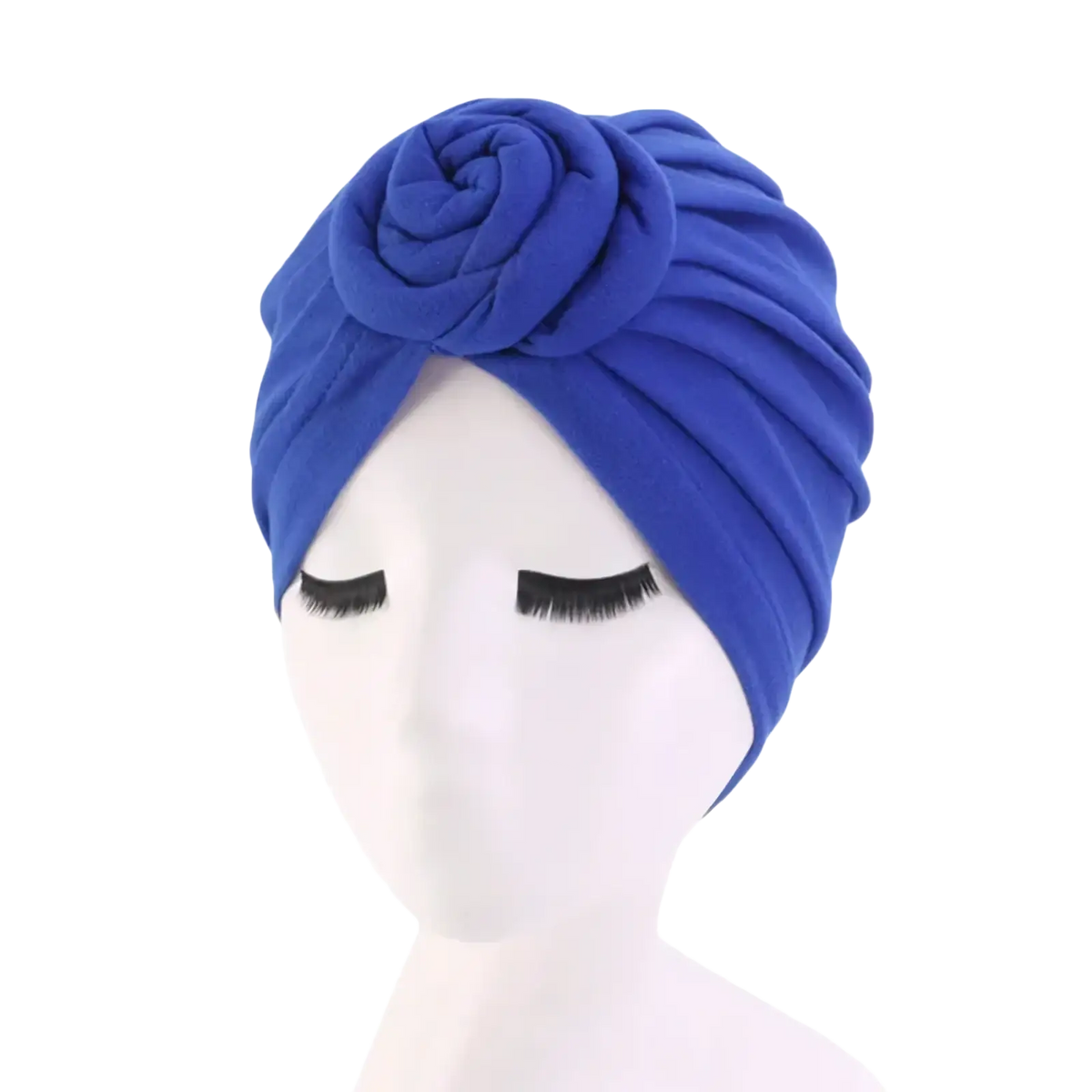 Cotton turban headwrap for women in vibrant royal blue with a prominent rose-shaped fabric embellishment