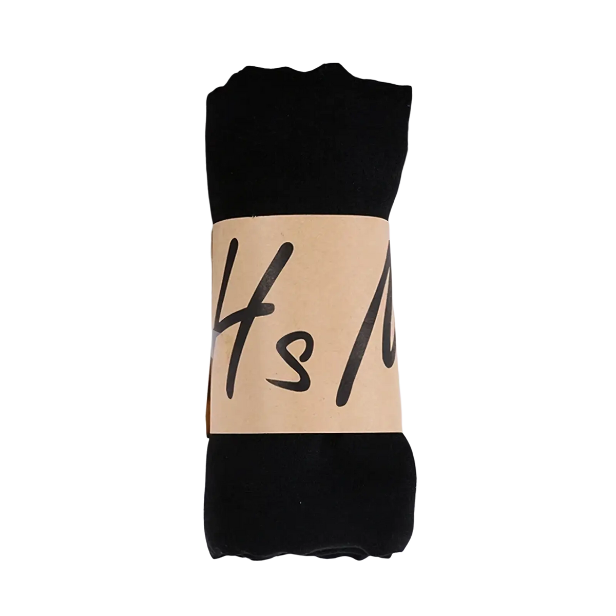 Black cotton winter scarf for women rolled neatly with beige paper band featuring handwritten-style lettering