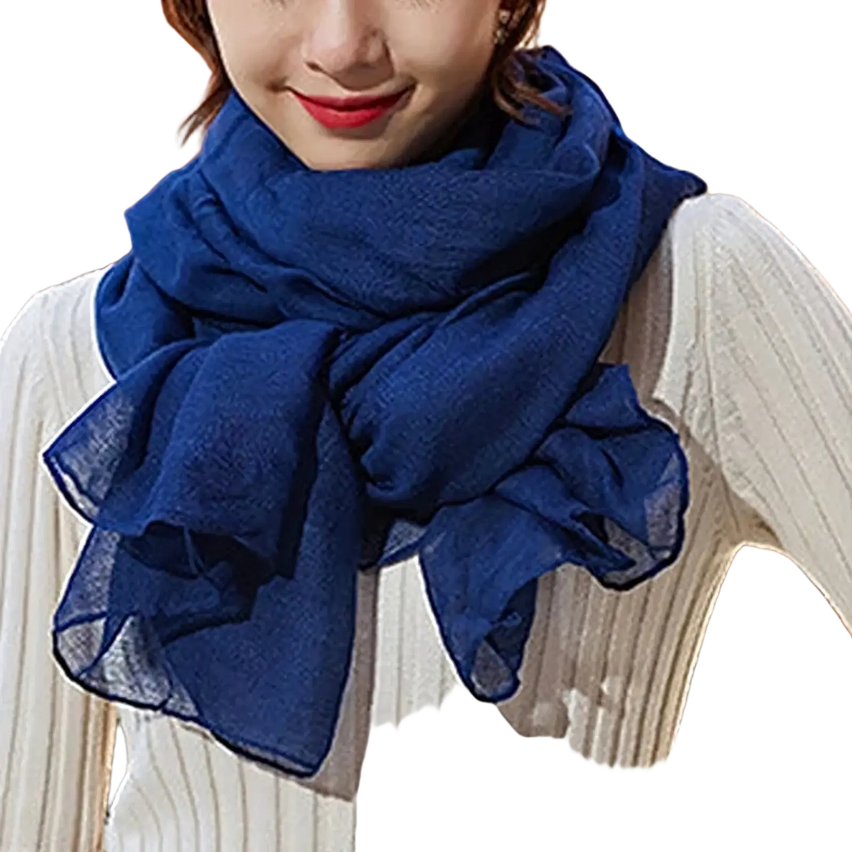 A deep blue cotton winter scarf for women with a lightweight textured weave and soft ruffled edges