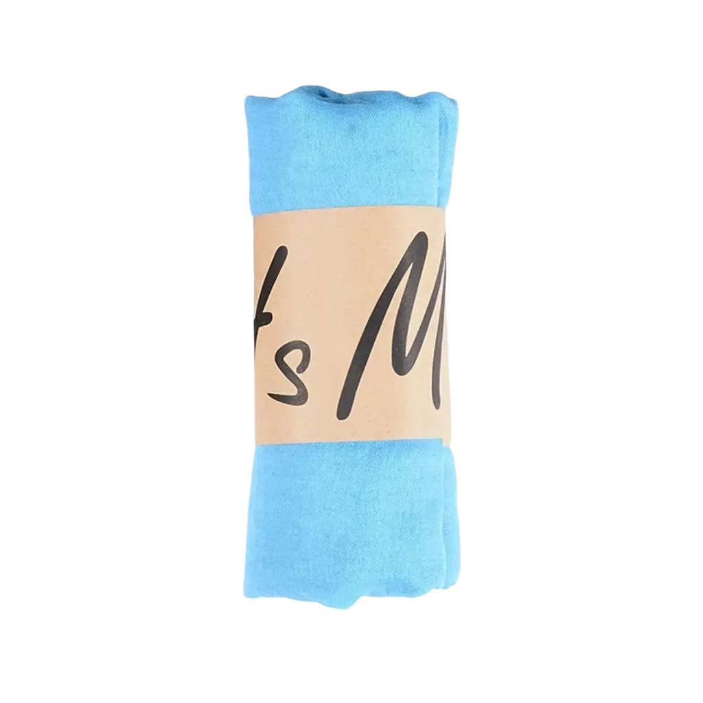 Light blue cotton winter scarf rolled with a beige label featuring black cursive text for women winter shawl