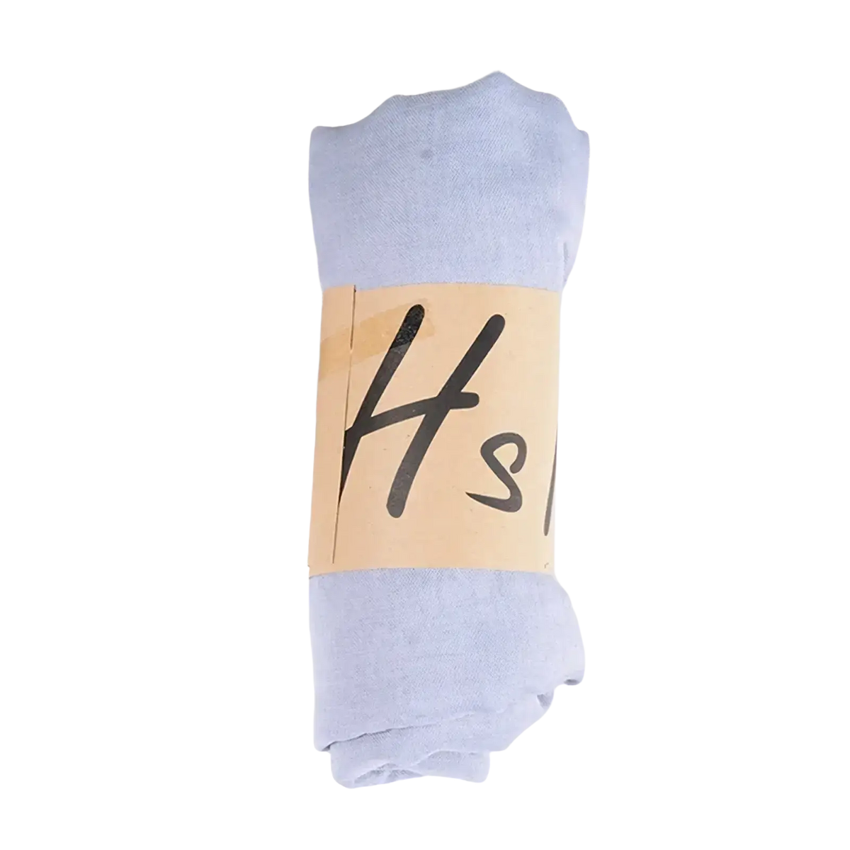A light blue cotton winter scarf rolled neatly with a beige label featuring handwritten black lettering