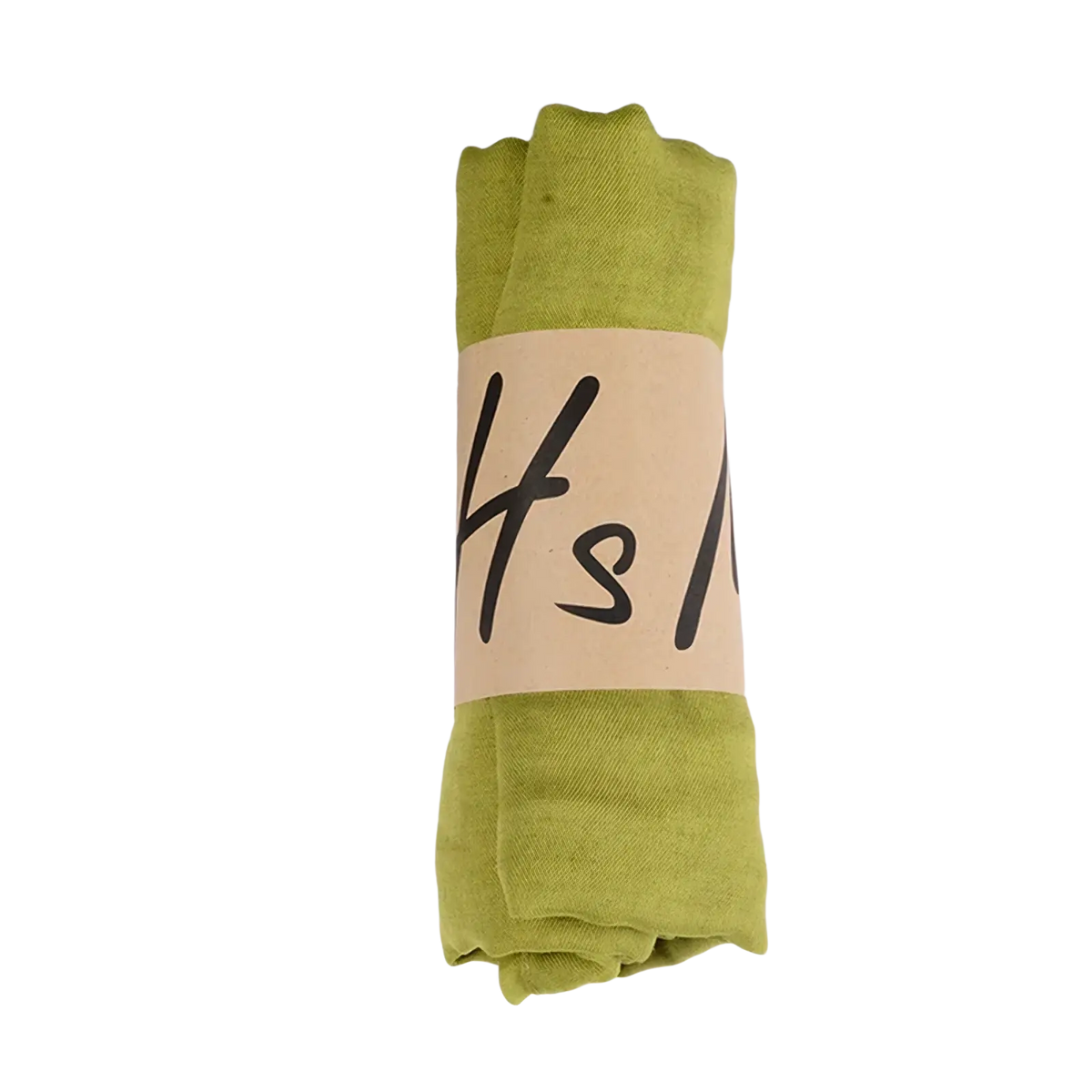A neatly rolled olive green cotton winter scarf with a beige paper band and black handwritten lettering