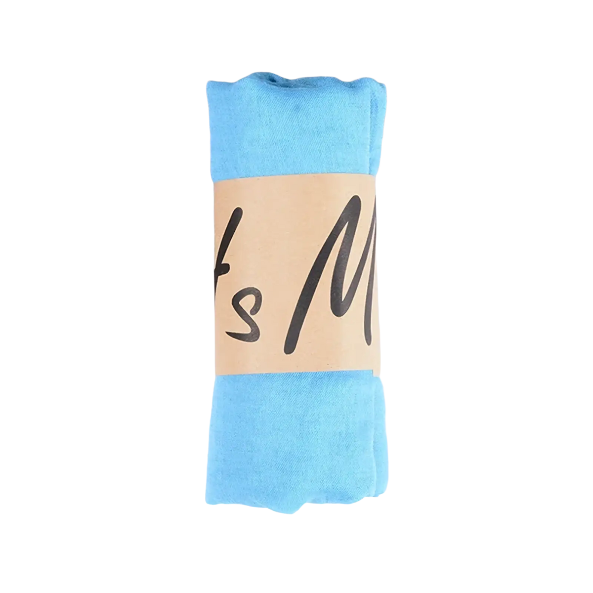 A neatly rolled pair of light blue cotton tights with a beige paper band for a cotton winter scarf for women solid warm shawl