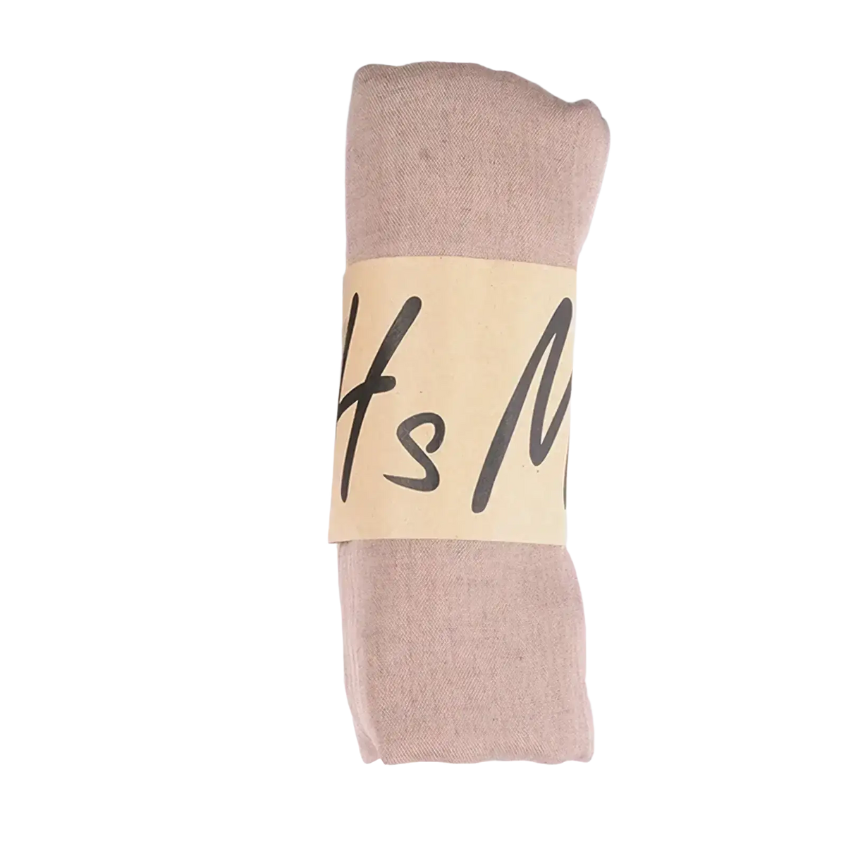 A neatly rolled dusty rose cotton winter scarf with a subtle textured weave and minimalist label band