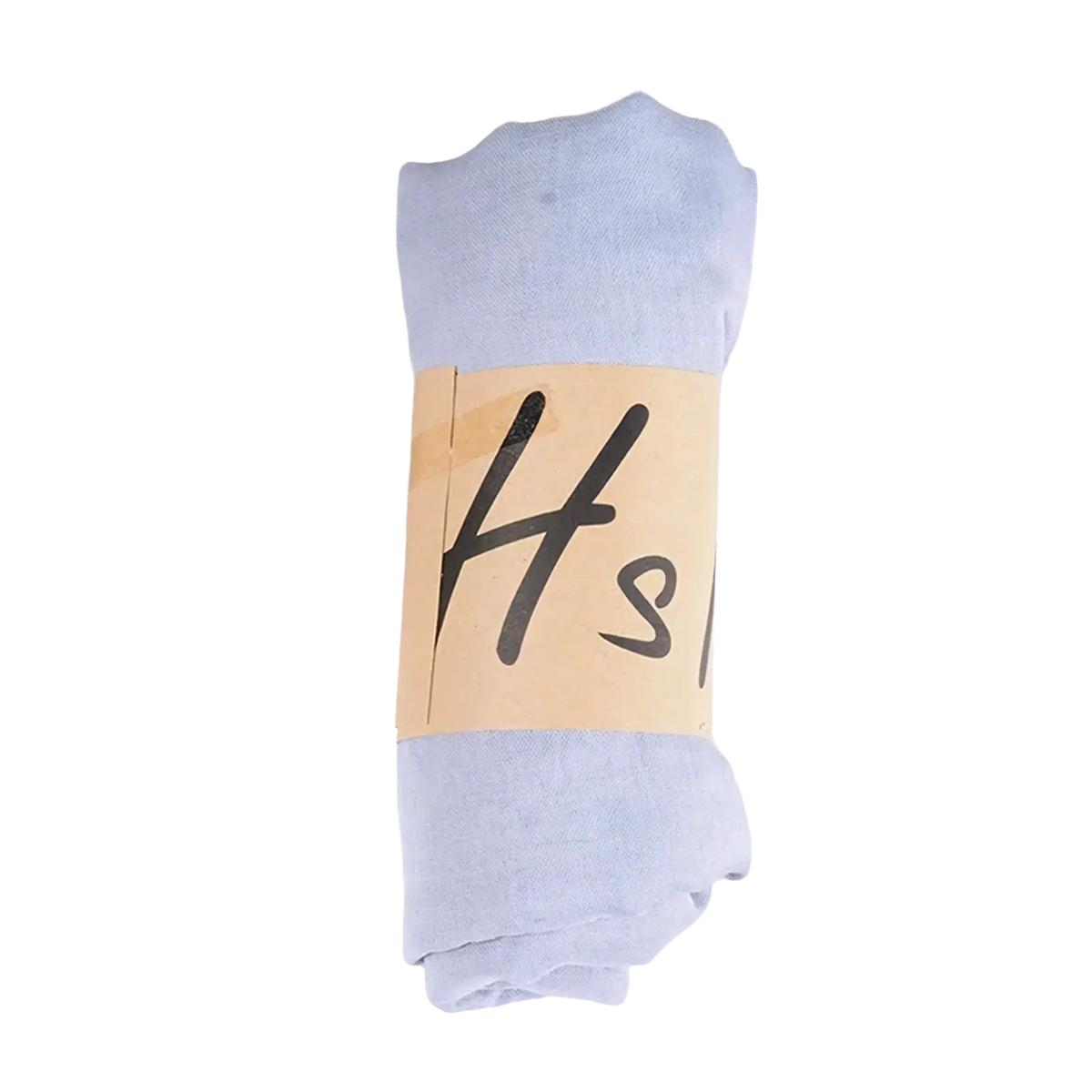 A neatly rolled pair of light blue sheer cotton winter tights with a beige paper band featuring black lettering