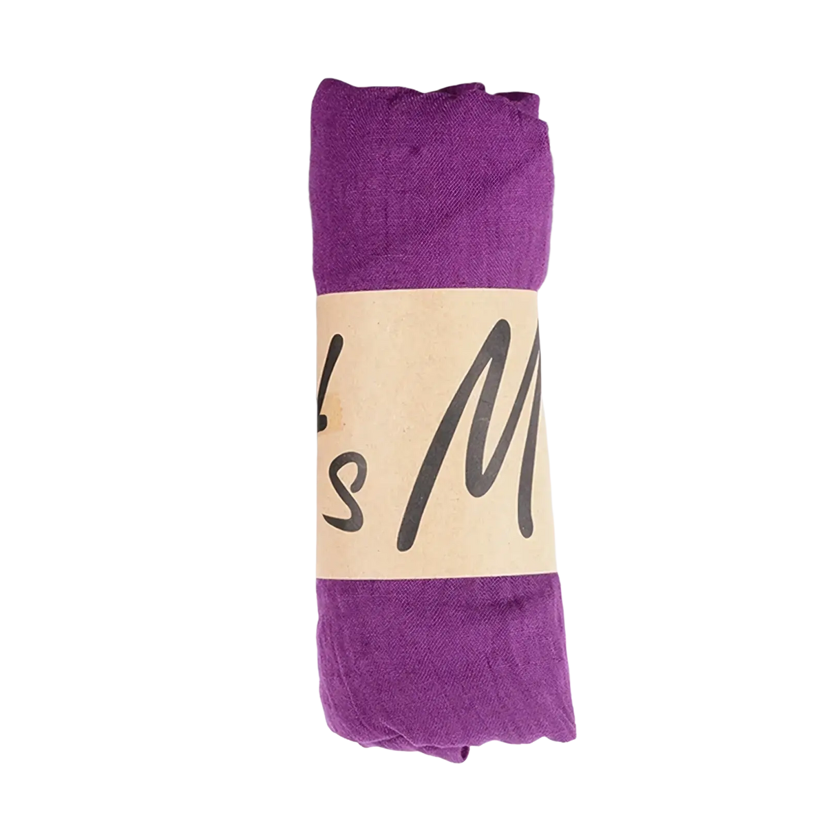 A neatly rolled purple cotton winter scarf for women with a beige band featuring black cursive text