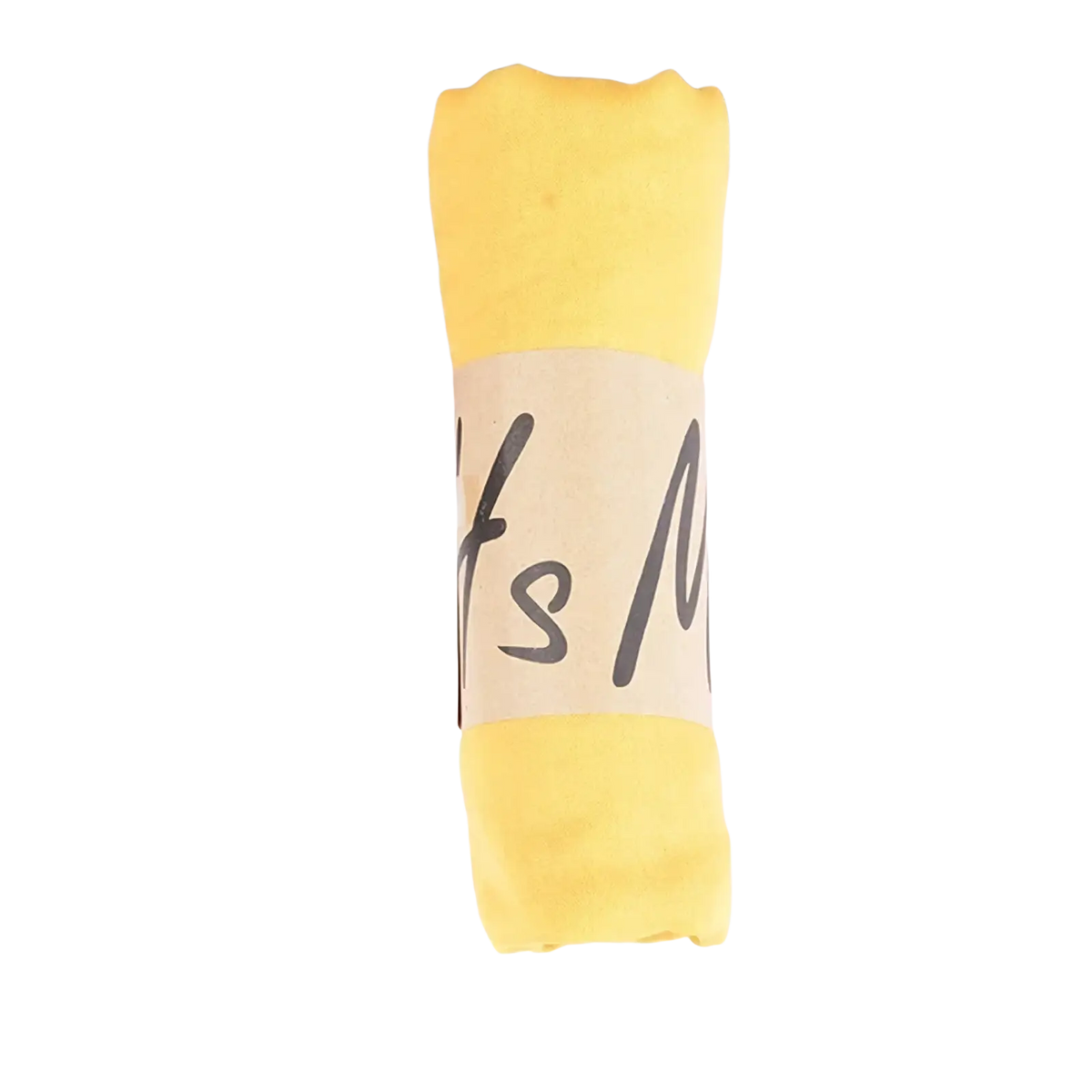 A neatly rolled yellow cotton winter scarf for women wrapped with a beige paper band with cursive text