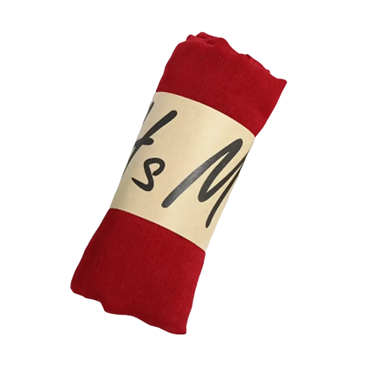 Red cotton winter scarf with a cream label featuring black cursive script for women solid warm shawl