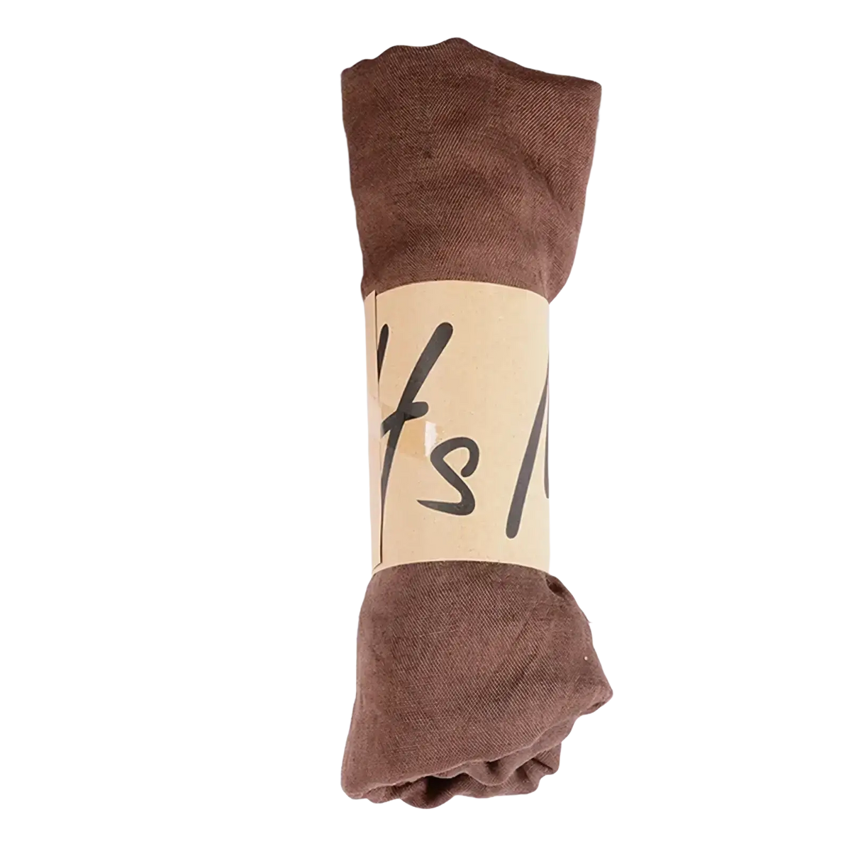 A rolled-up brown cotton winter scarf with a beige label made of soft microfiber for women winter use