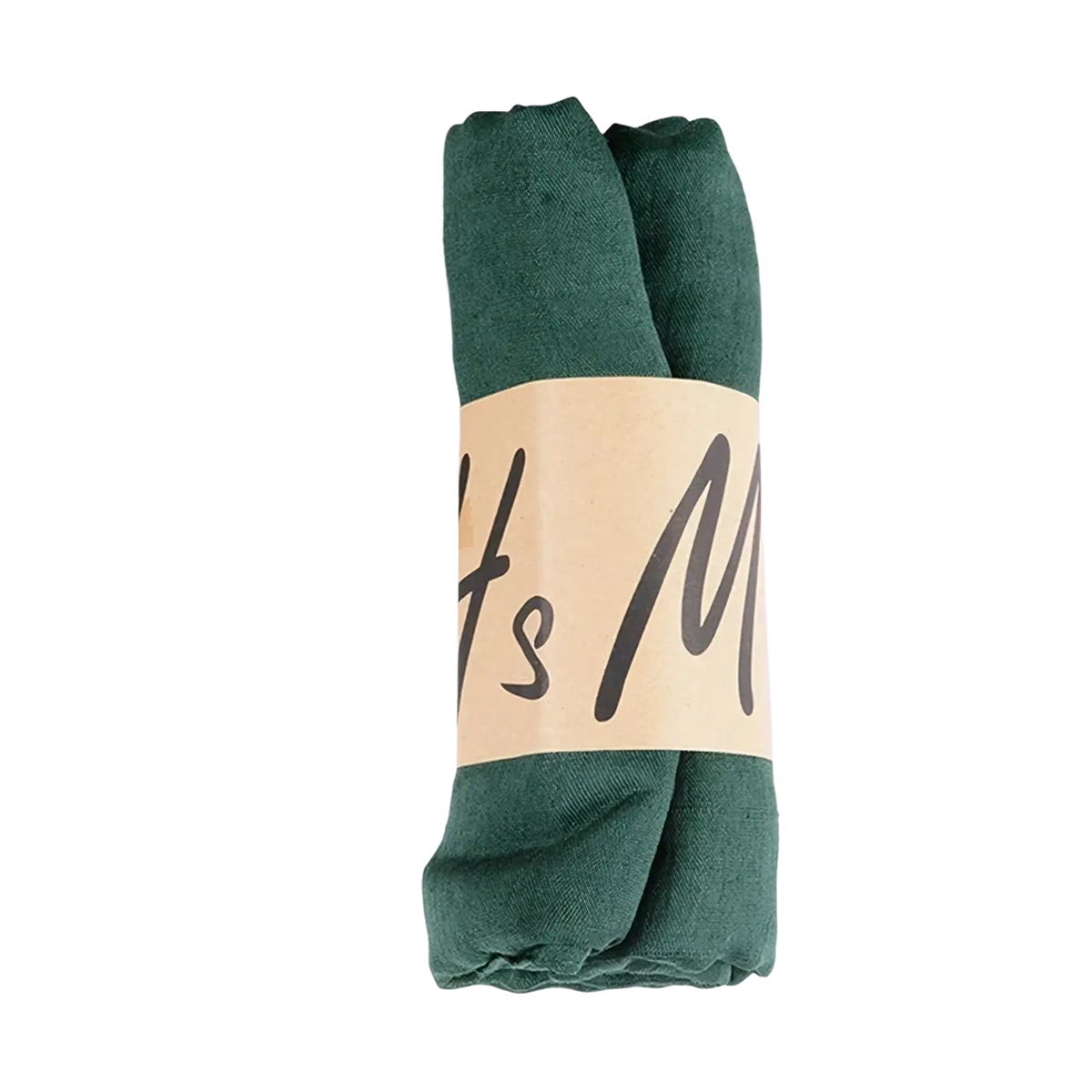 A rolled-up dark green cotton winter scarf for women with a beige paper band and black cursive text