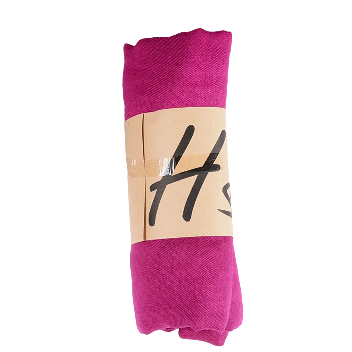 A rolled-up fuchsia cotton winter scarf for women with a beige paper band featuring black lettering