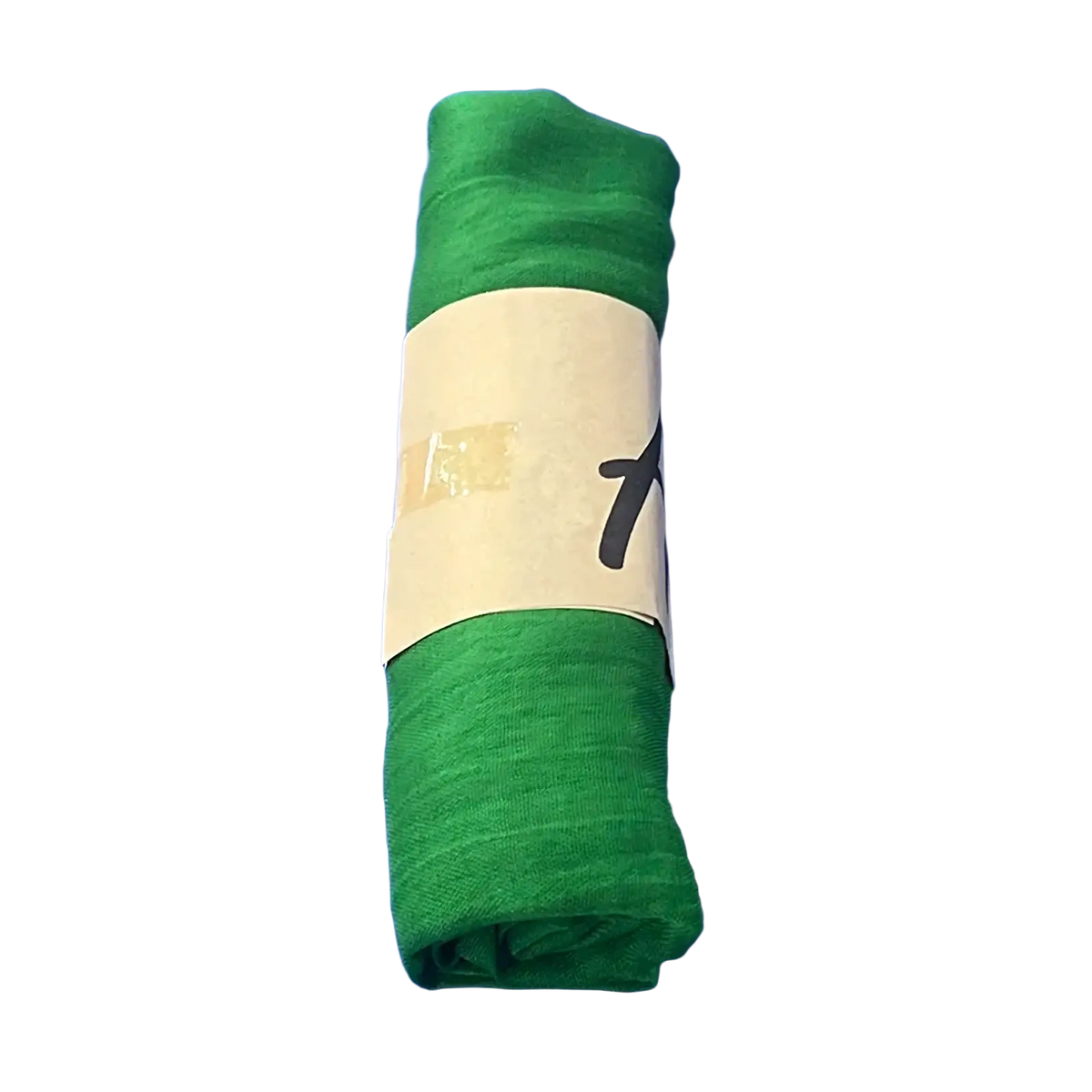 Rolled-up green cotton winter scarf for women secured with beige paper band and clear tape for warmth and style