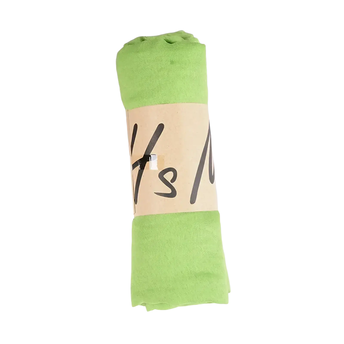 A rolled-up lime green cotton winter scarf with a beige paper band showcasing a warm cotton winter scarf for women