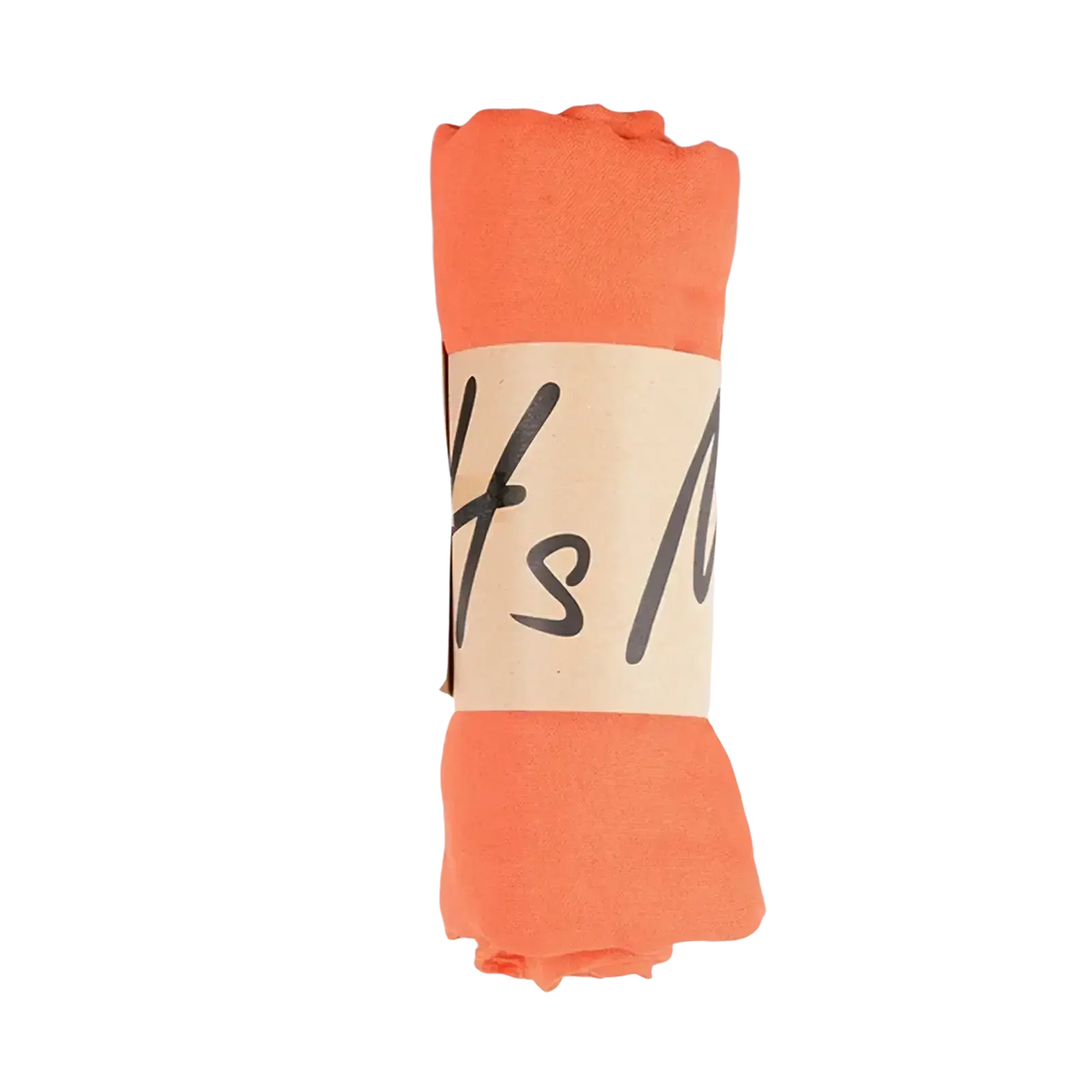 A rolled-up orange cotton winter scarf for women with a beige label, solid warm shawl for cold weather