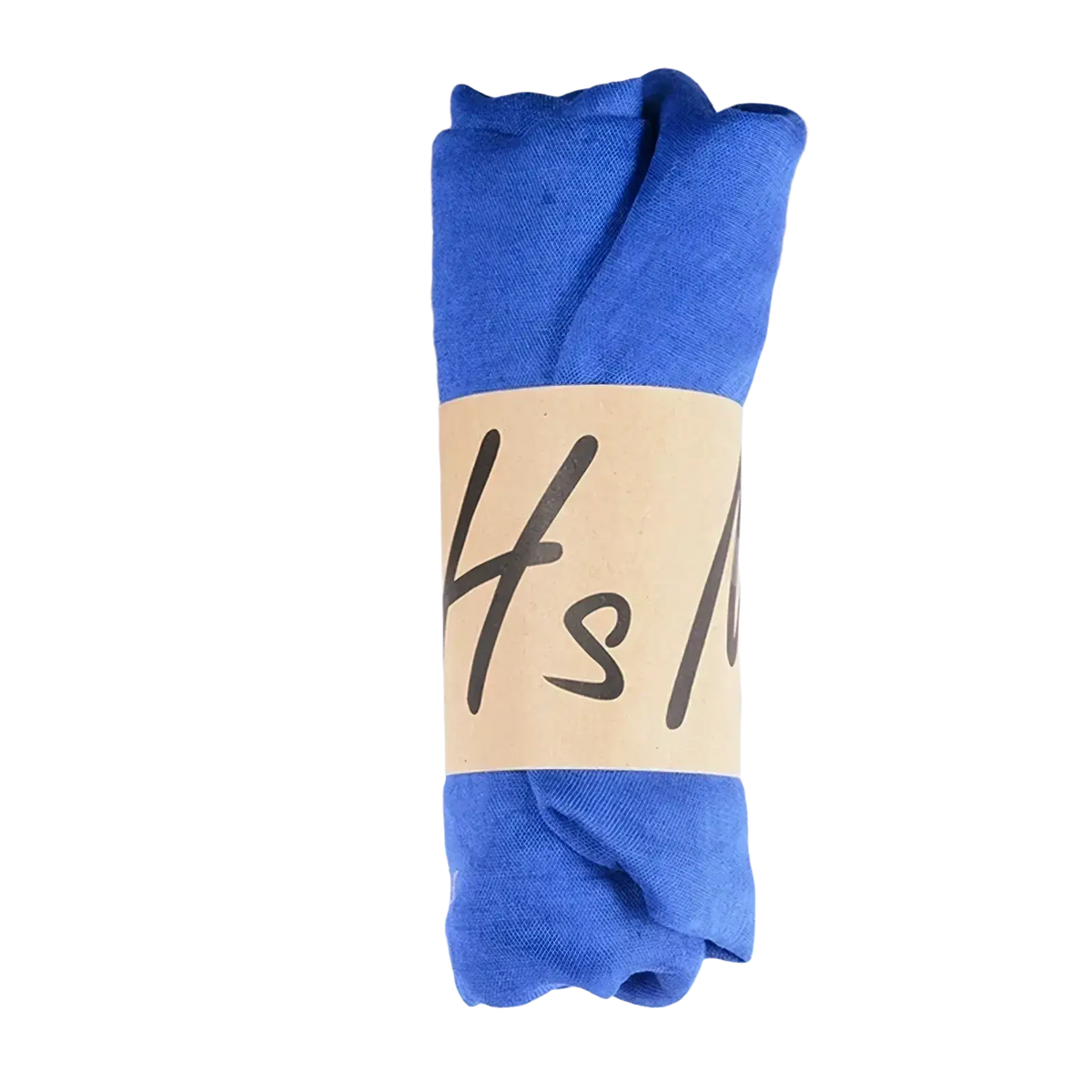 A rolled-up solid royal blue cotton winter scarf wrapped with a beige paper band featuring handwritten text