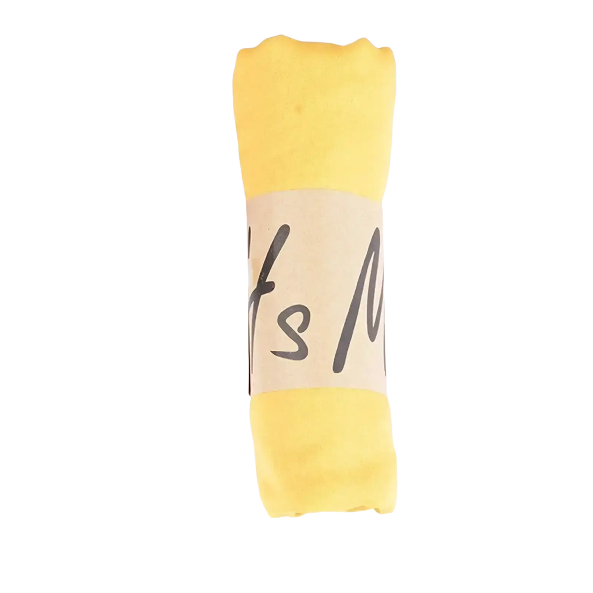 A rolled-up yellow cotton winter scarf with a beige label and black cursive text for women