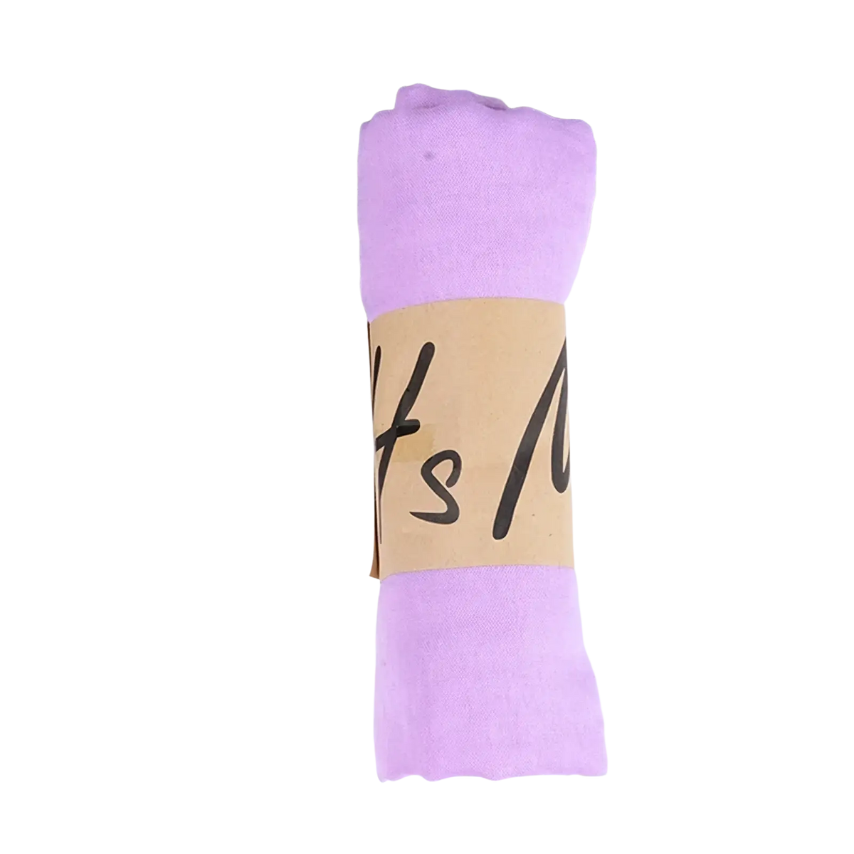 A soft lavender cotton winter scarf neatly rolled with a brown paper band for women’s solid warm shawl use