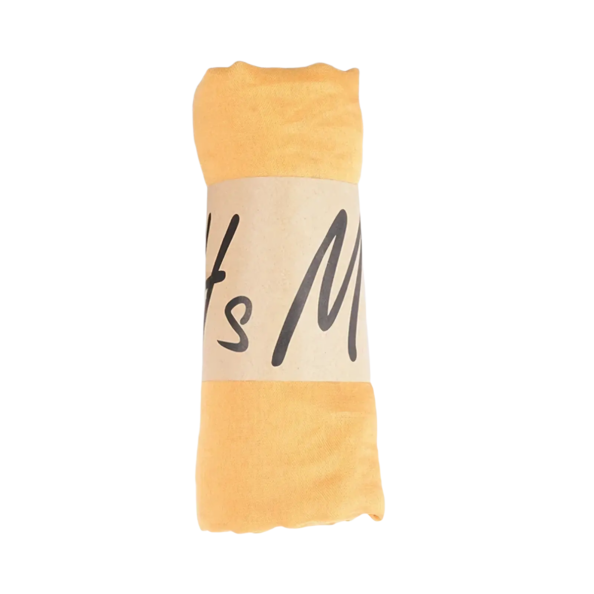 A soft mustard yellow cotton winter scarf for women neatly rolled with a kraft paper band featuring black cursive lettering