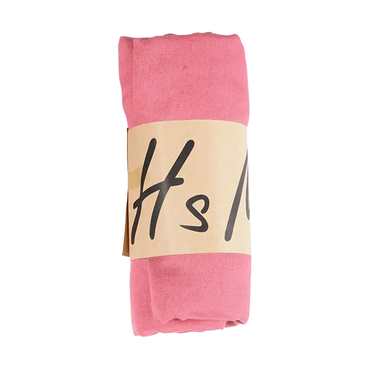 A soft pink cotton winter scarf neatly folded with a beige label bearing handwritten hsm for women