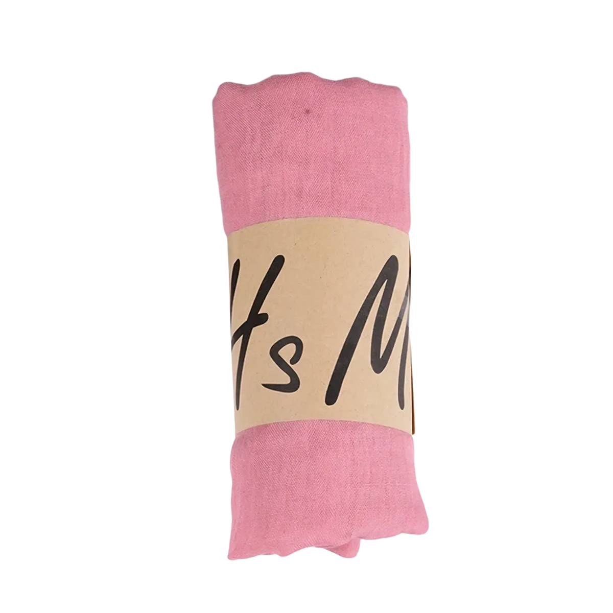 A soft pink cotton winter scarf for women neatly rolled with a beige paper band featuring black cursive lettering
