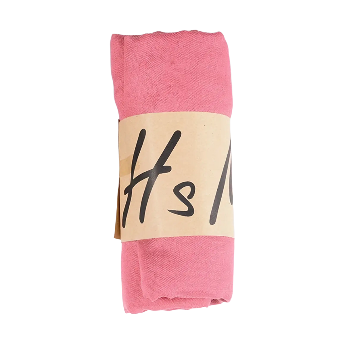 A soft pink cotton winter scarf for women neatly rolled with a beige paper band and black handwritten-style lettering