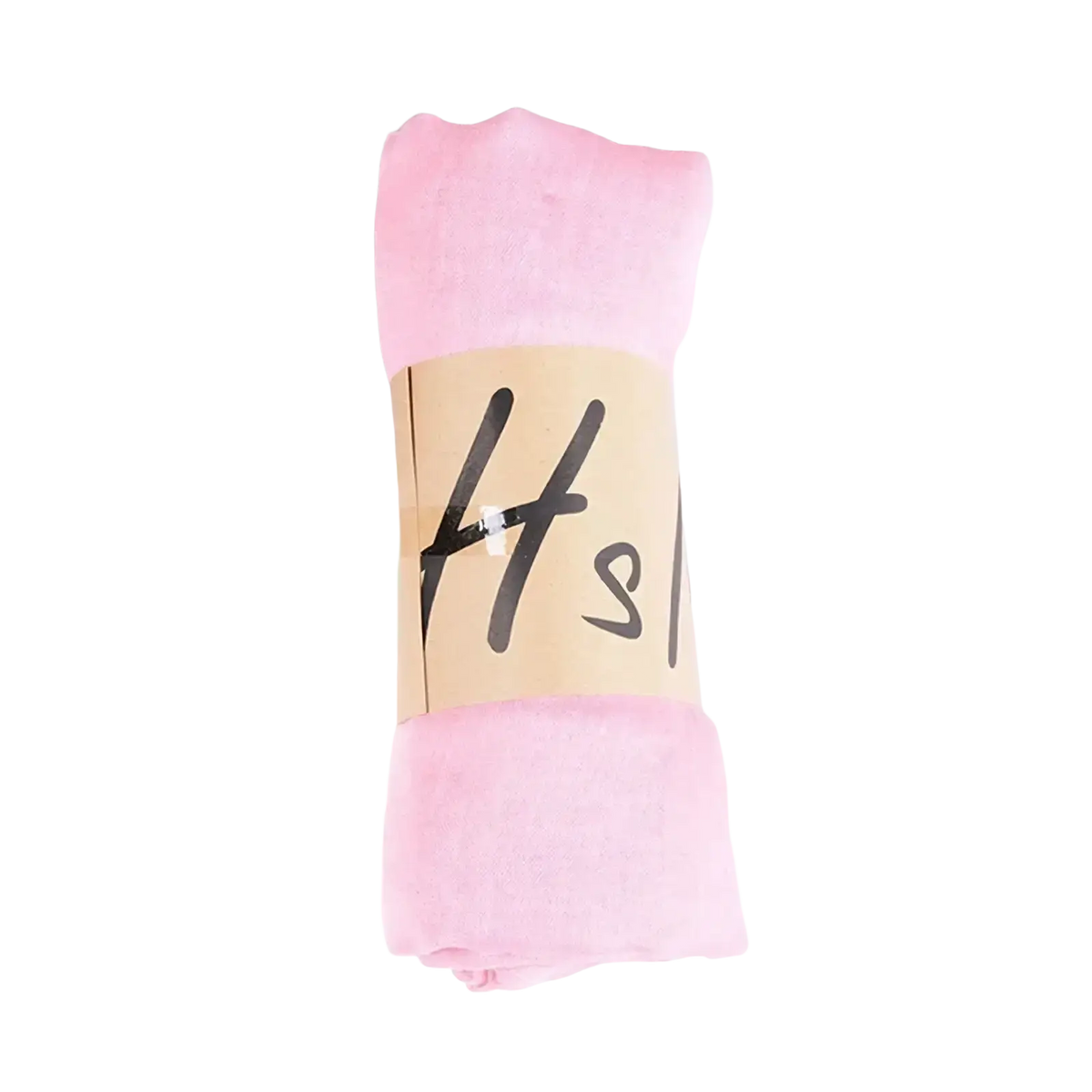 A soft pink cotton winter scarf neatly rolled and secured with a beige paper band featuring black handwritten text