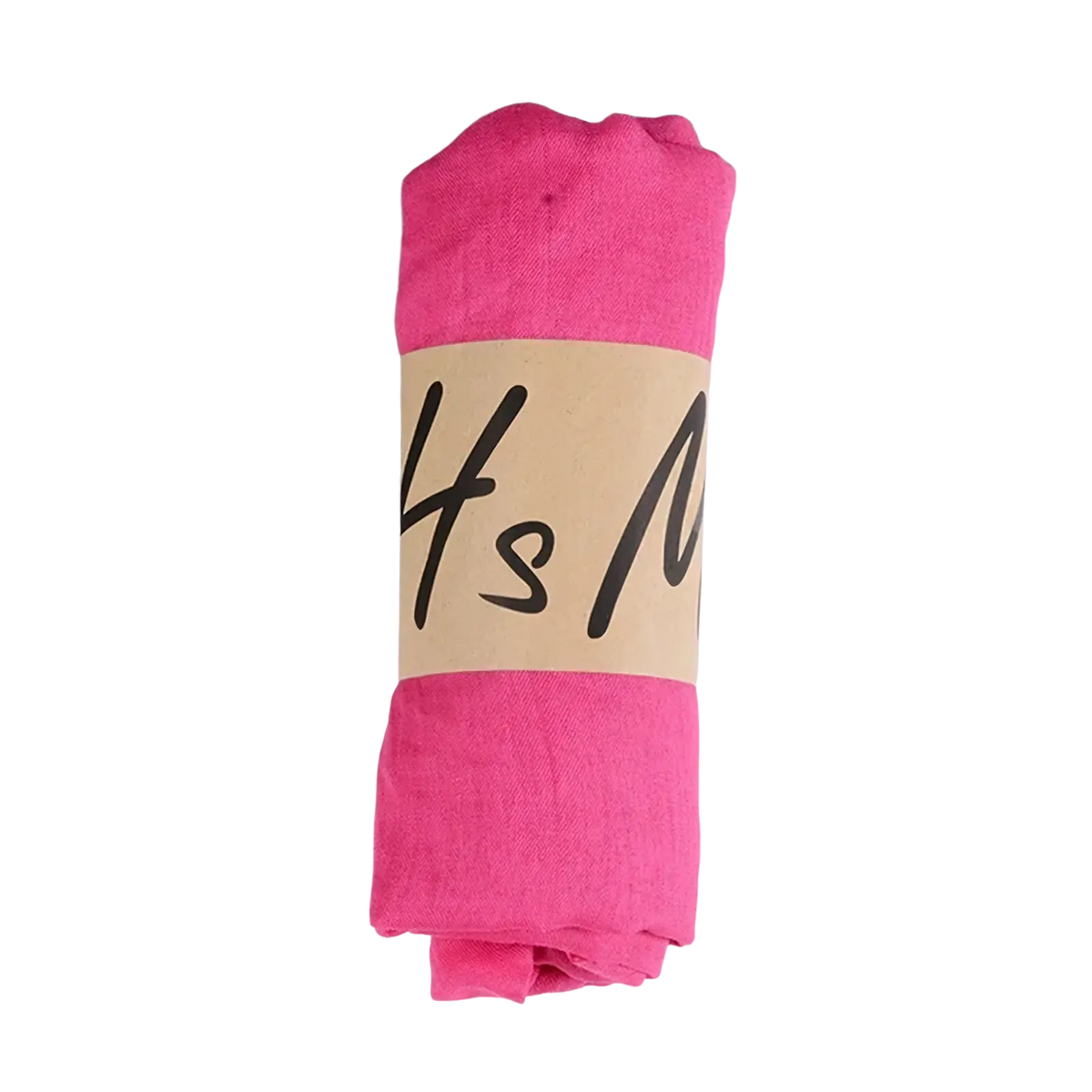 A vibrant pink cotton winter scarf for women with a soft texture neatly rolled and wrapped with a beige paper band
