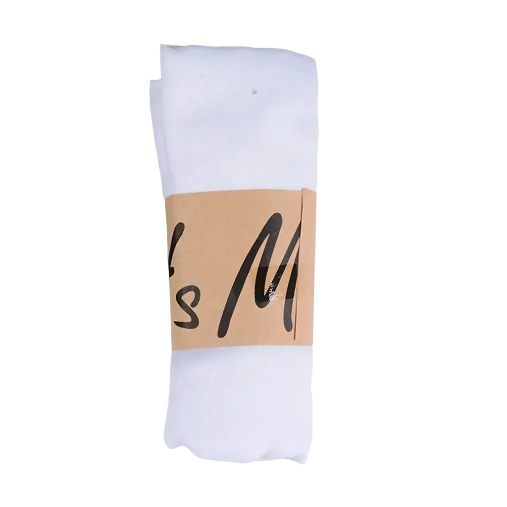 White cotton winter scarf with a tan paper band featuring black cursive lettering for cotton winter use