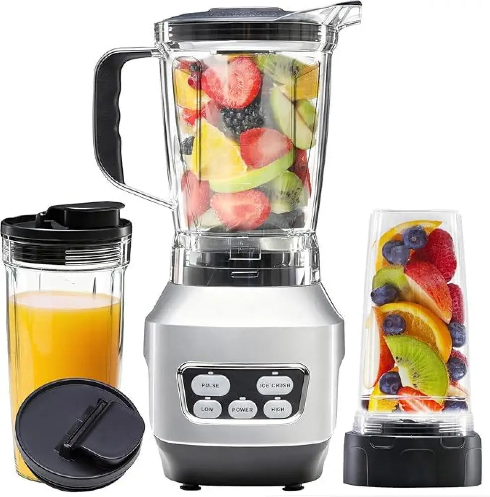Silver and black 1.5l multi-functional portable countertop blender set with clear pitcher filled with sliced fruits and travel cup of juice