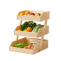 Three-tiered wooden countertop organizer with natural light-colored wood finish storage rack for fruits and vegetables