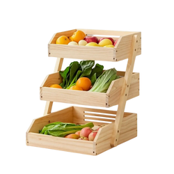 Three-tiered wooden countertop organizer with natural light-colored wood finish storage rack for fruits and vegetables