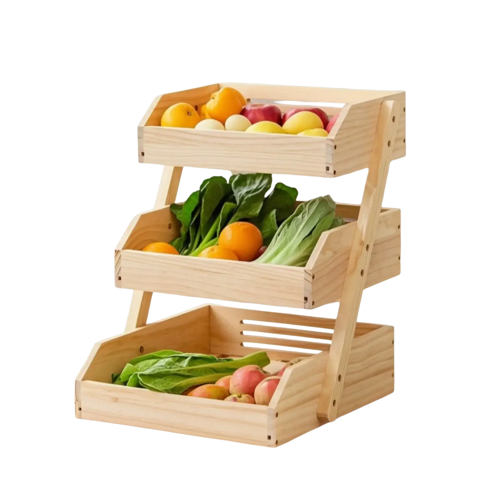 Three-tiered wooden storage rack with natural light wood finish serving as a countertop organizer for fruits and vegetables