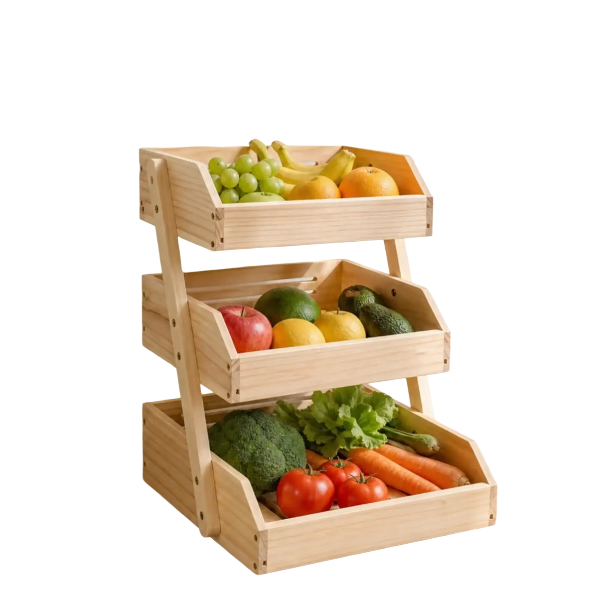 Three tiered wooden storage rack in natural light wood finish used as a countertop organizer for fruits and vegetables