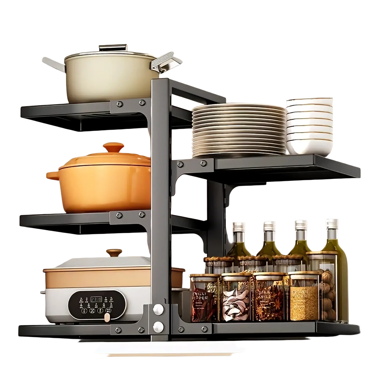 Black metal adjustable countertop pot rack multi tier cookware organizer for kitchen storage and organization