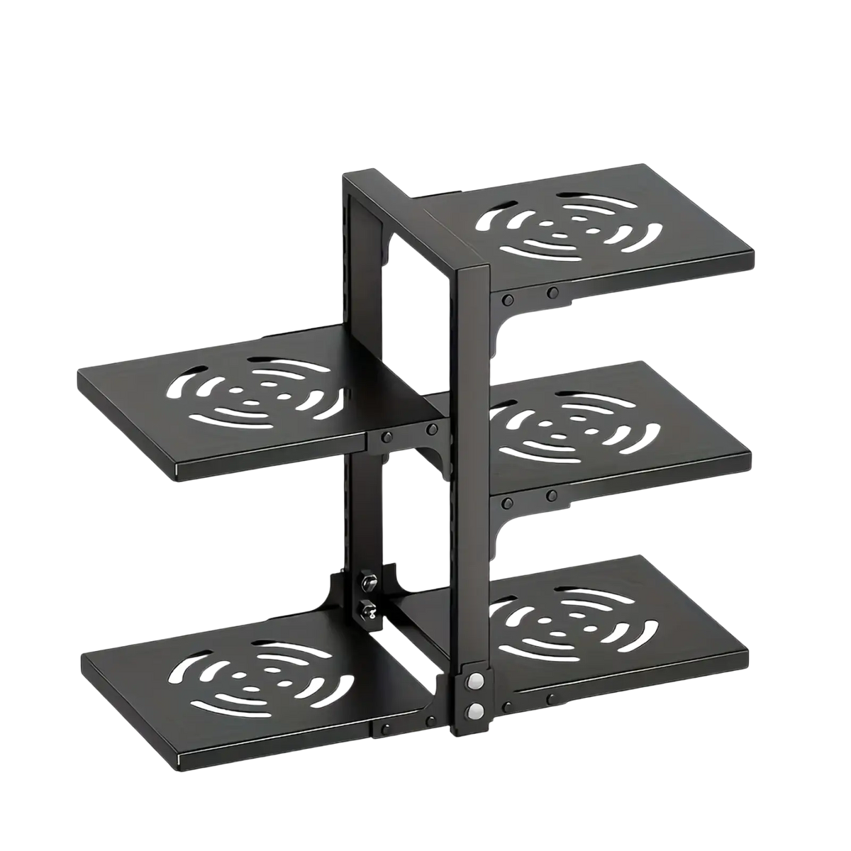 Black metal countertop pot rack with three tiers featuring circular cutout patterns for cookware organization