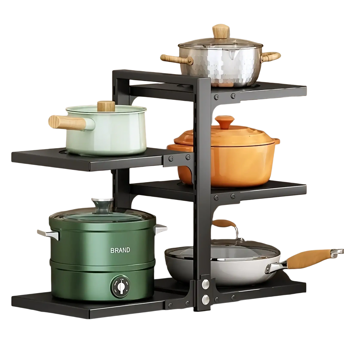 Black metal multi-tiered countertop pot rack holding various cookware for organized kitchen storage