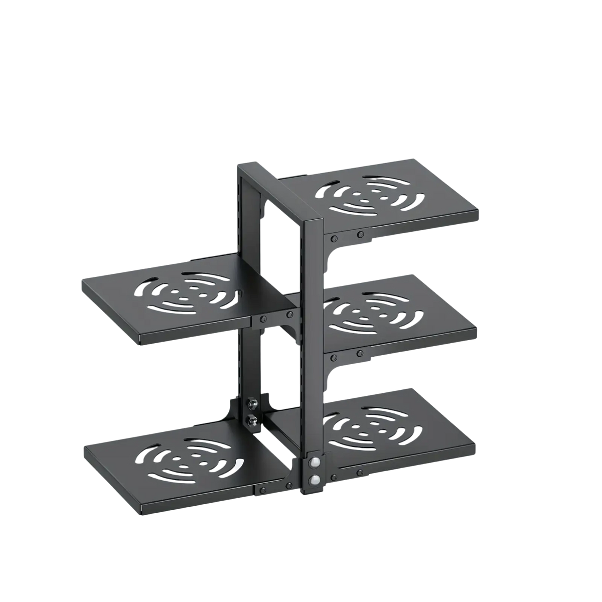 Black metal countertop pot rack with three tiers featuring circular cutout patterns for cookware organization