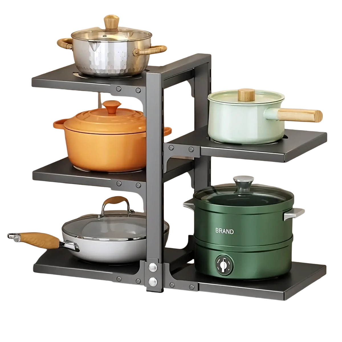 Gray metal multi-tiered countertop pot rack holding various cookware for organized kitchen storage