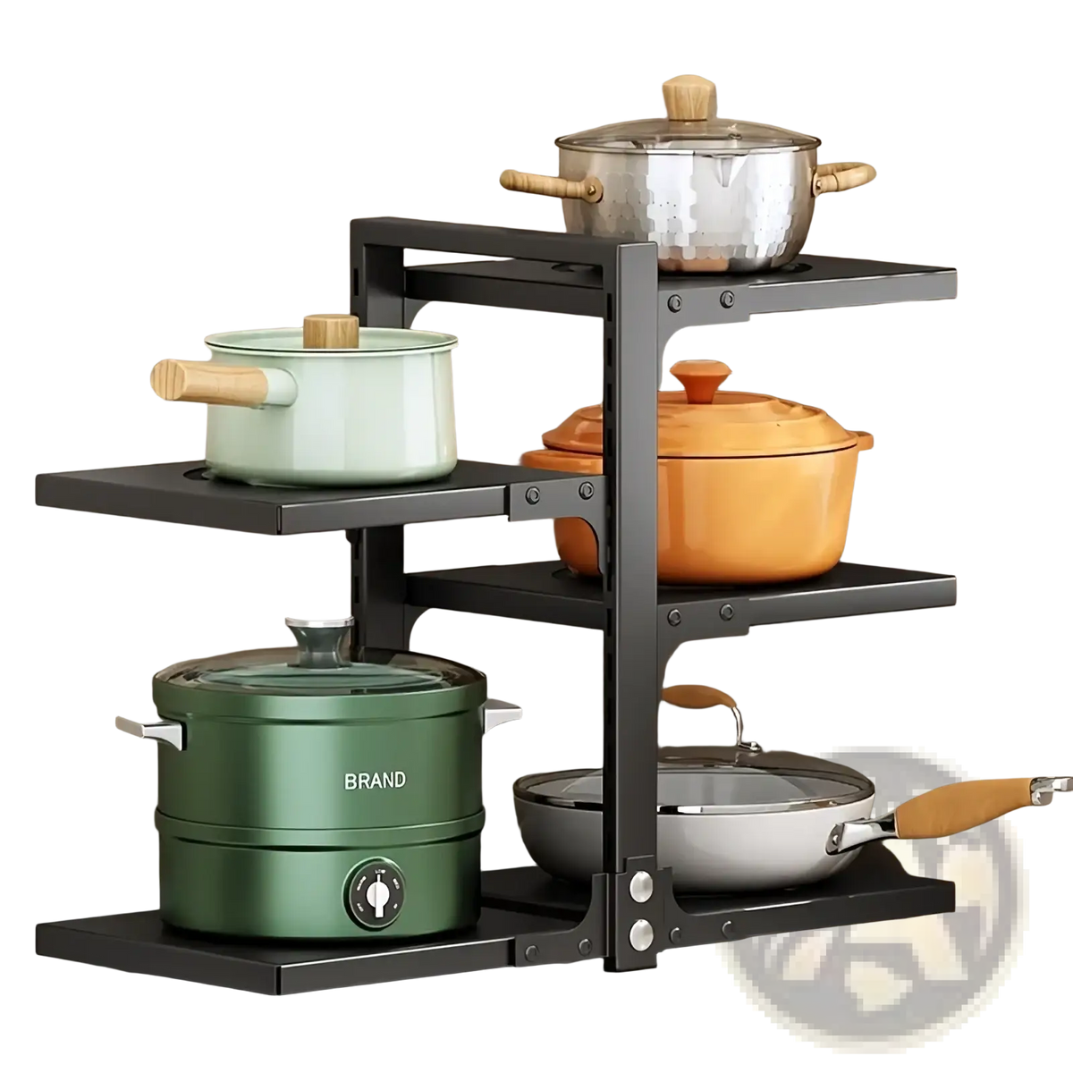 Black metal multi-tiered countertop pot rack holding various cookware for organized kitchen storage