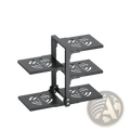 Black metal countertop pot rack with three tiers featuring circular cutout patterns for cookware organization