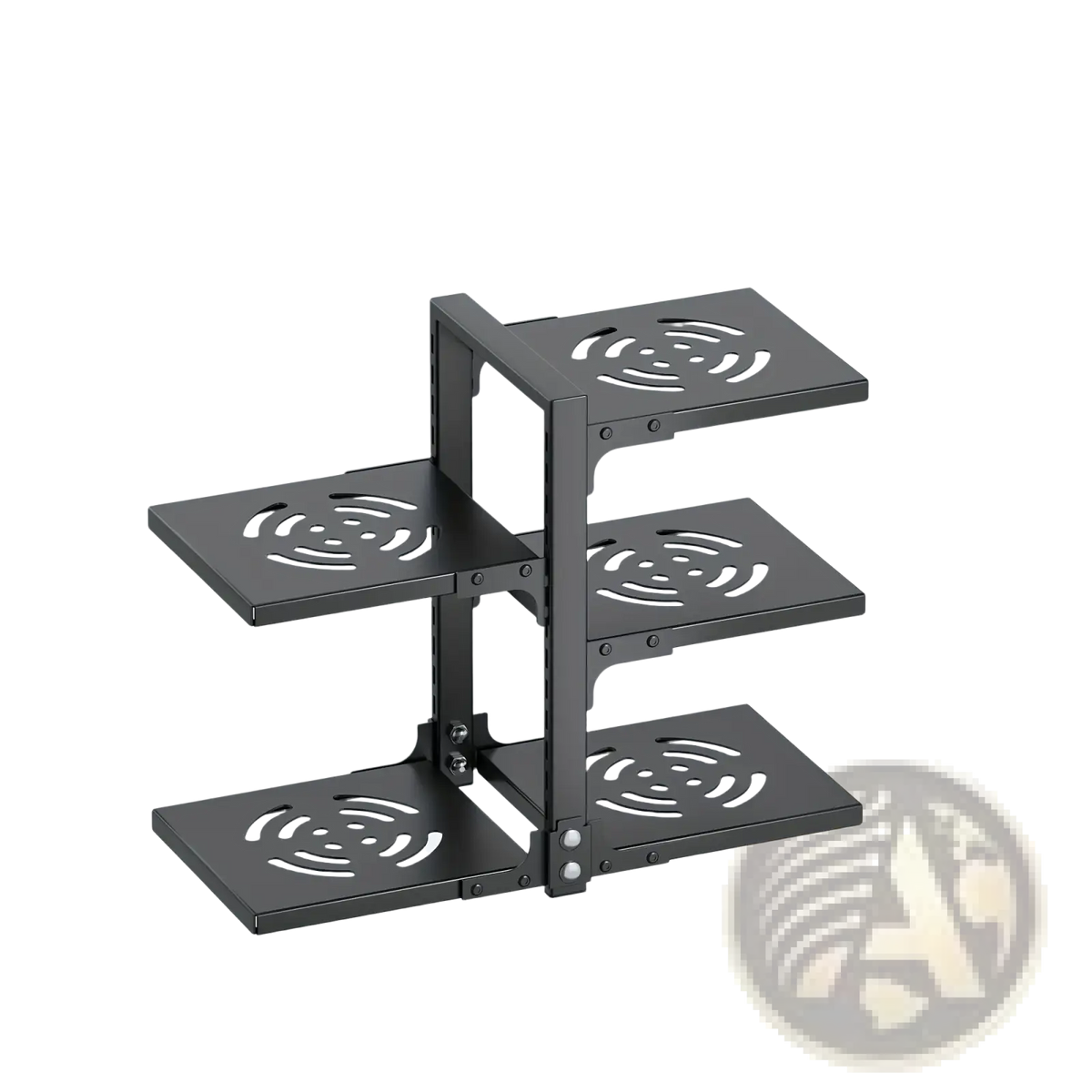 Black metal countertop pot rack with three tiers featuring circular cutout patterns for cookware organization
