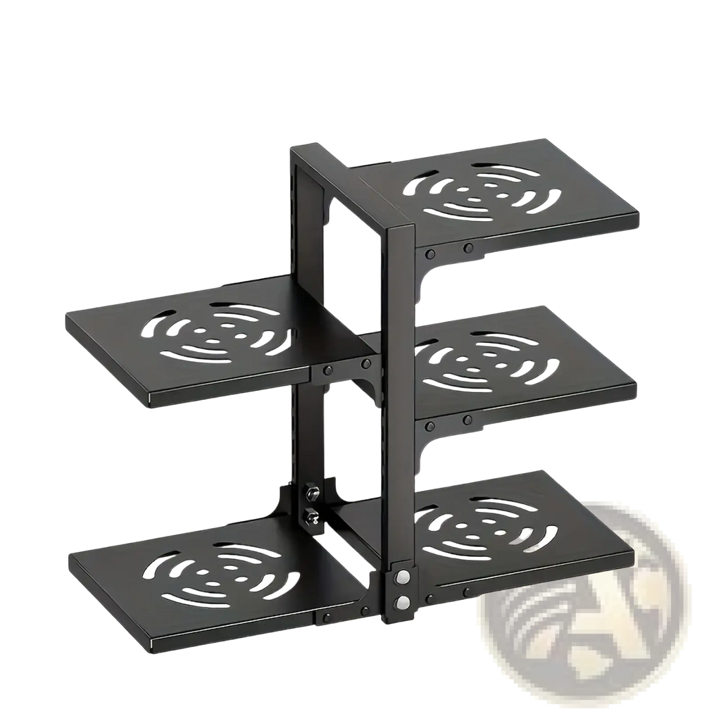 Black metal countertop pot rack with three tiers featuring circular cutout patterns for cookware organization