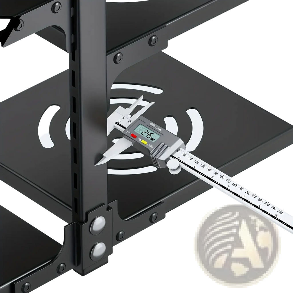 Black metal shelf bracket with circular cutouts and silver-toned fasteners for countertop pot rack organizer