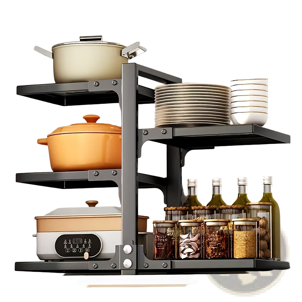 Black metal adjustable countertop pot rack multi tier cookware organizer for kitchen storage and organization