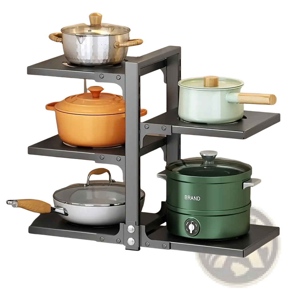 Gray metal multi-tiered countertop pot rack holding various cookware for organized kitchen storage