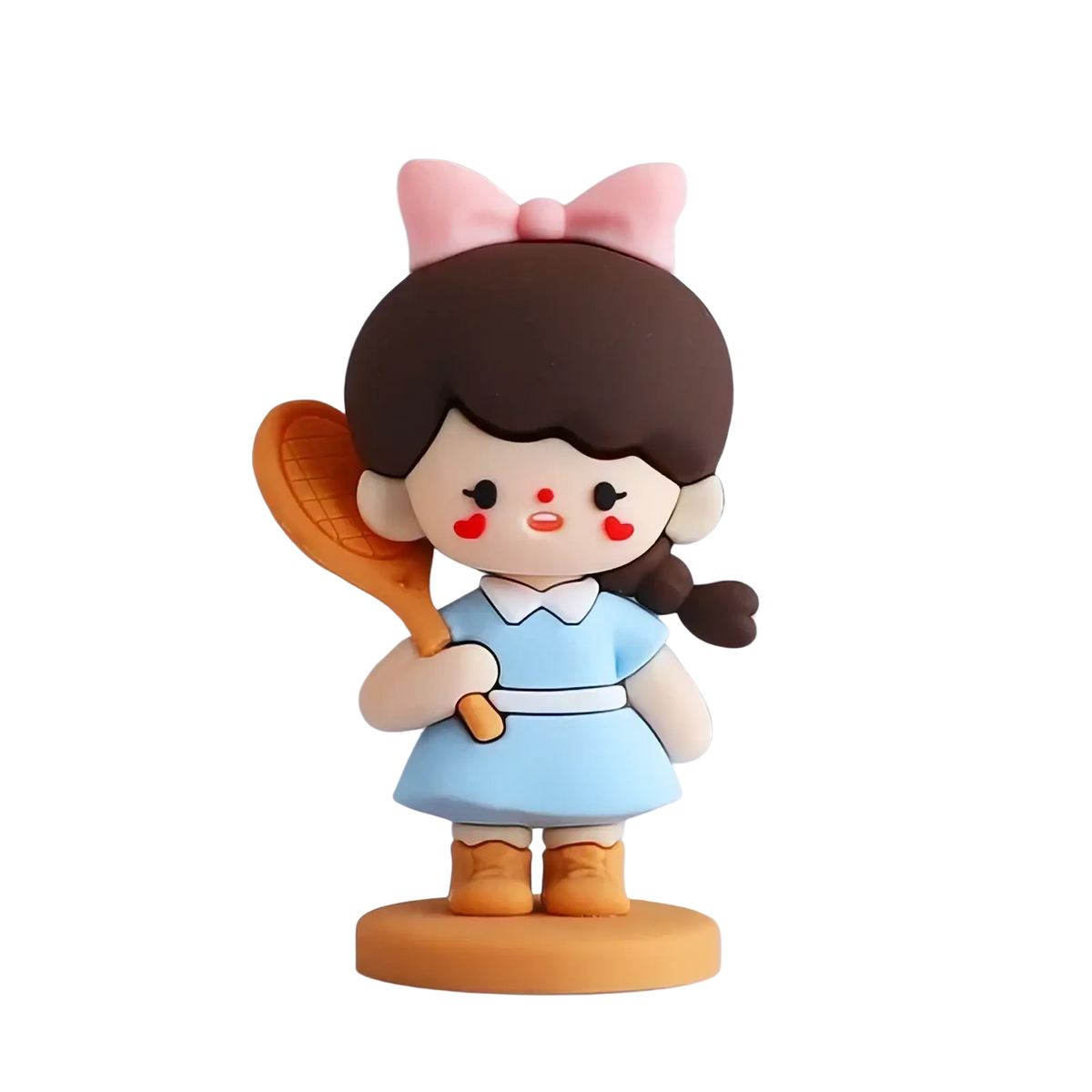 Couple cake topper pvc resin figurine of a cute girl with brown hair pink bow light blue dress holding orange tennis racket