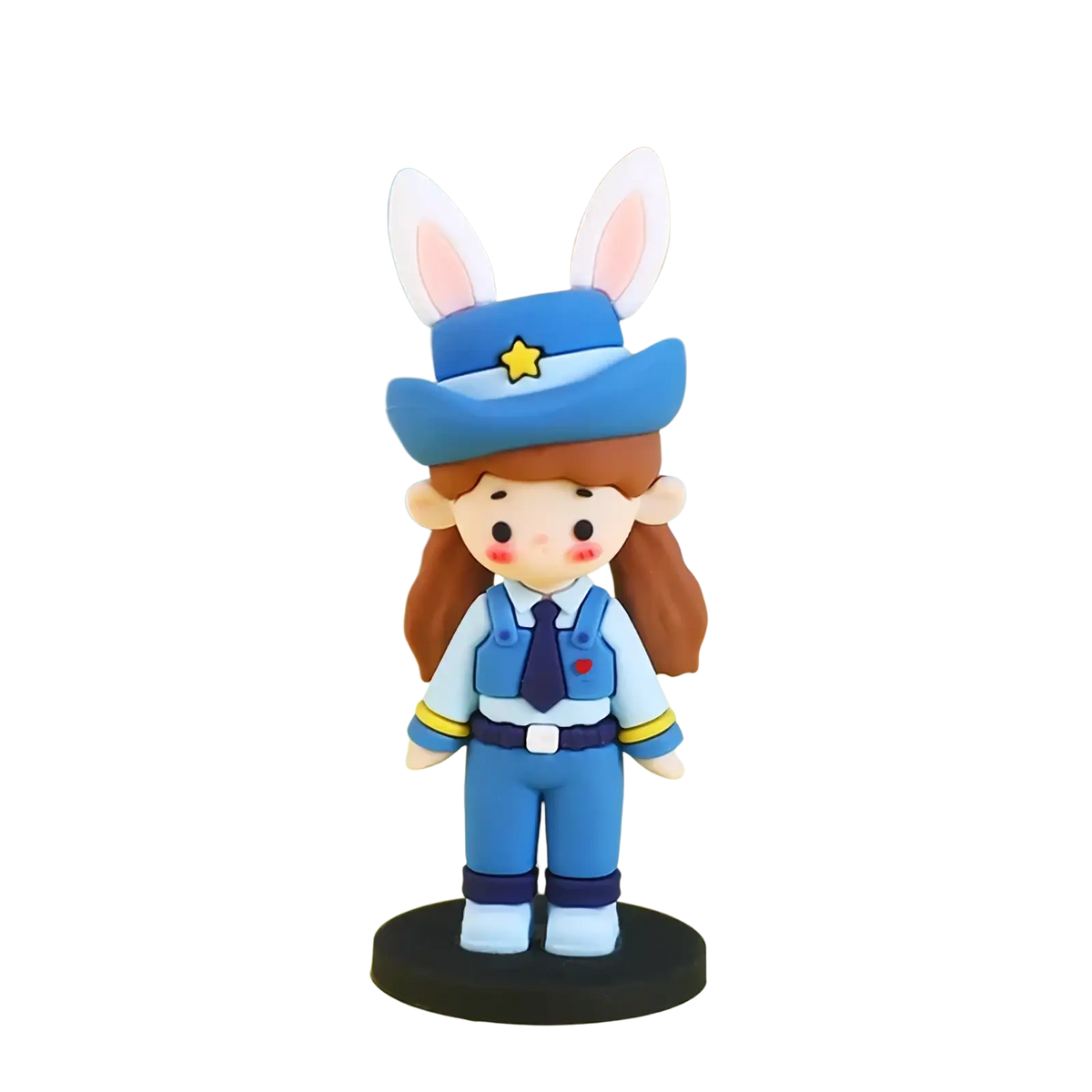 A charming blue pvc bunny police officer figurine with pink ears and star hat for couple cake topper decoration